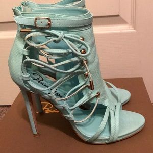 Mint blue strappy heel with gold hardware